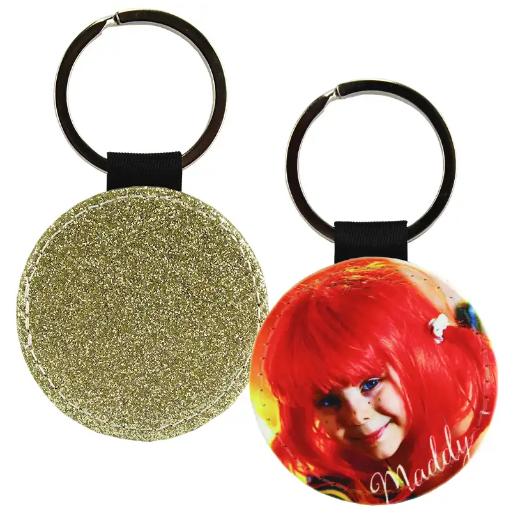 Keychain, PL,1S, Gold glitter, Round 2" 